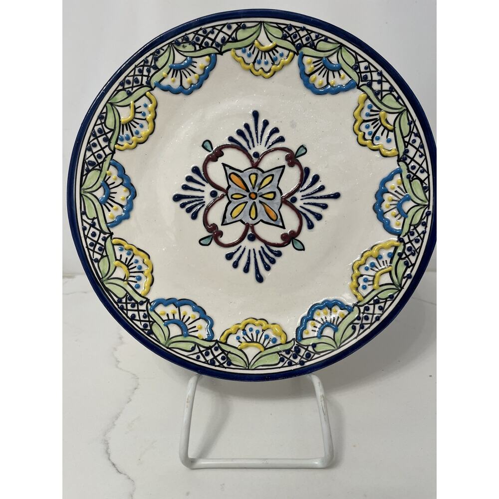 Talavera Plate Mexico Hand-Painted Ceramic Blue Yellow 10" Collectible